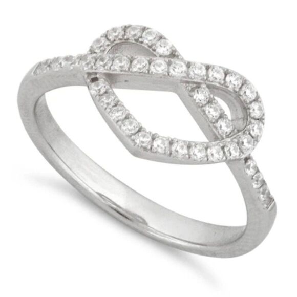 925 Sterling Silver CZ Diamond Heart Knot Sizes 6&7 - Picture 1 of 6